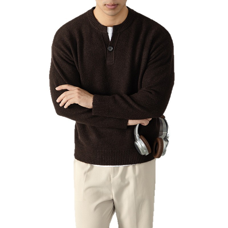 내추럴 울 싱글 단추 헨리넥 스웨터 남성 캐주얼하고 늘어짐 있는 가을 겨울 니트입니다