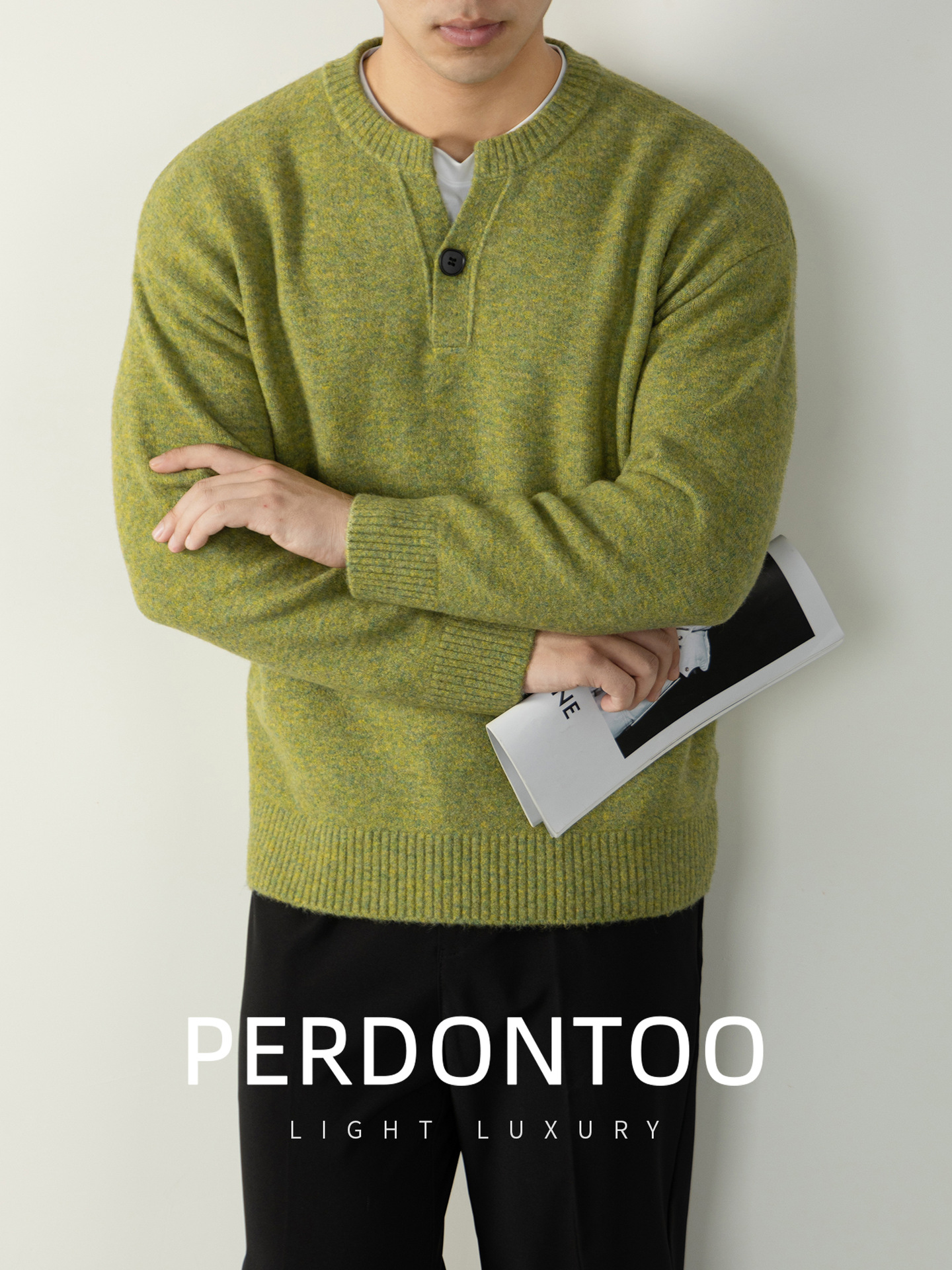 내추럴 울 싱글 단추 헨리넥 스웨터 남성 캐주얼하고 늘어짐 있는 가을 겨울 니트입니다