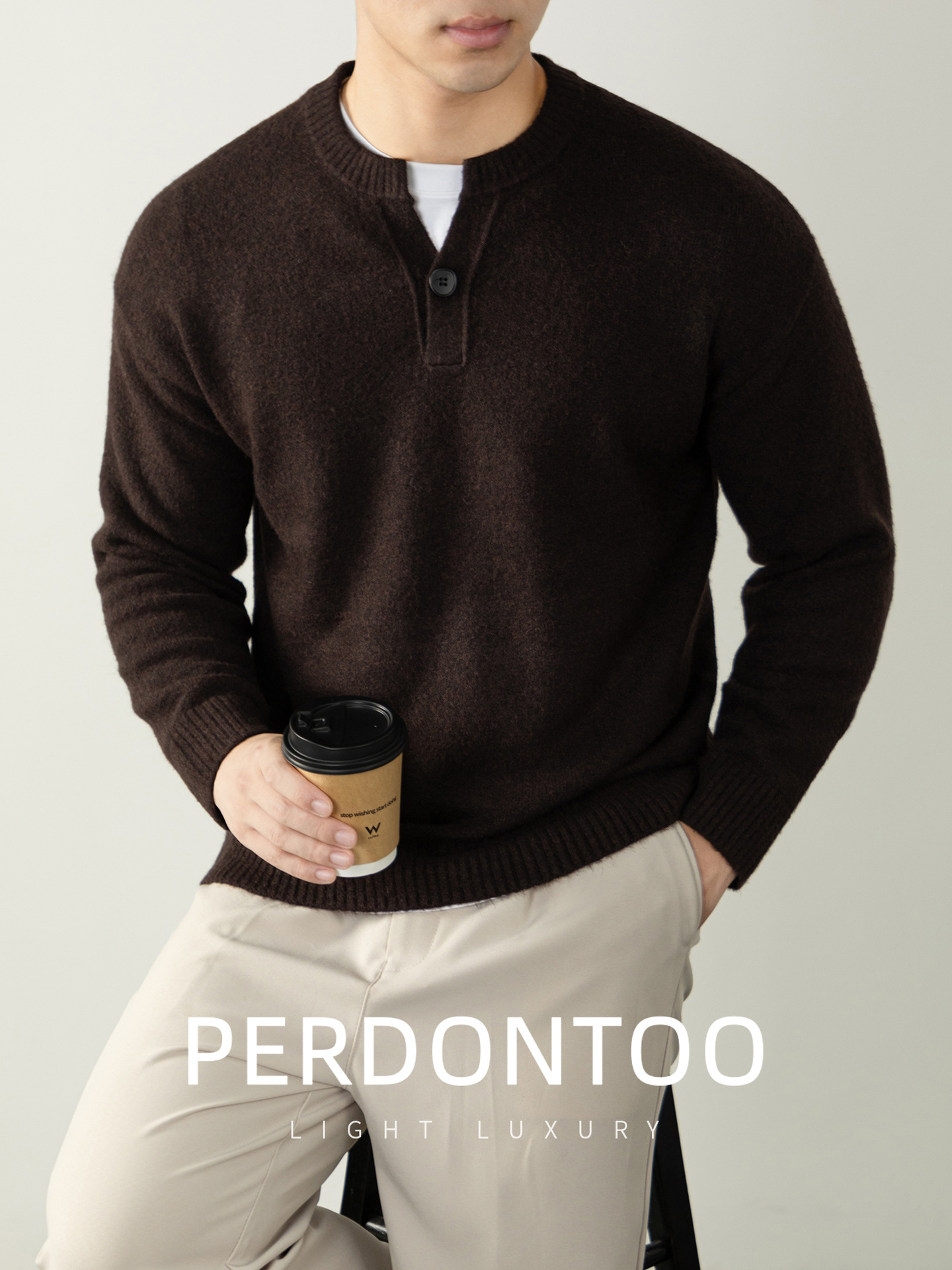 내추럴 울 싱글 단추 헨리넥 스웨터 남성 캐주얼하고 늘어짐 있는 가을 겨울 니트입니다