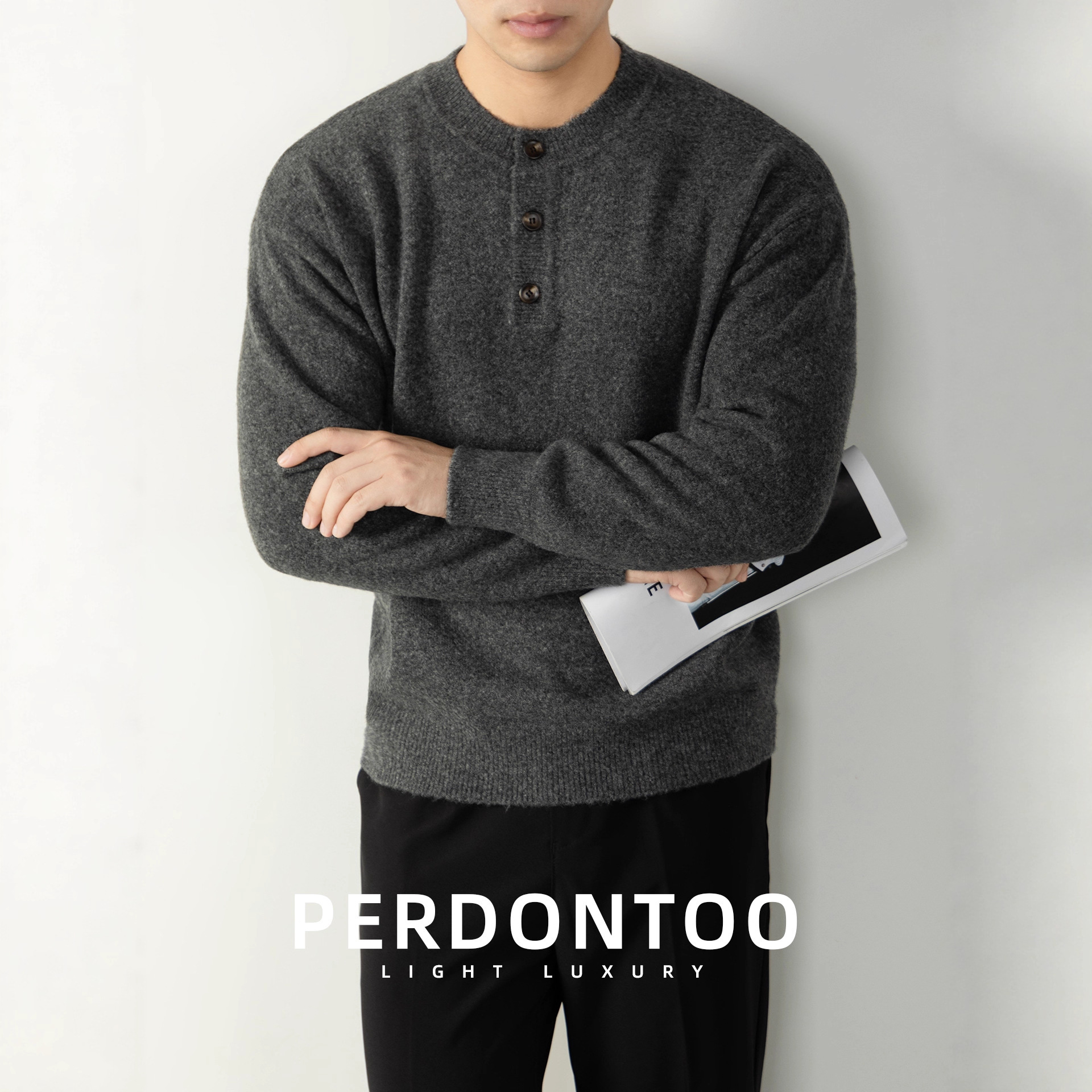 터프한 헨리넥 가을 겨울 두툼한 니트 스웨터 토트 따뜻한 남성 스웨터