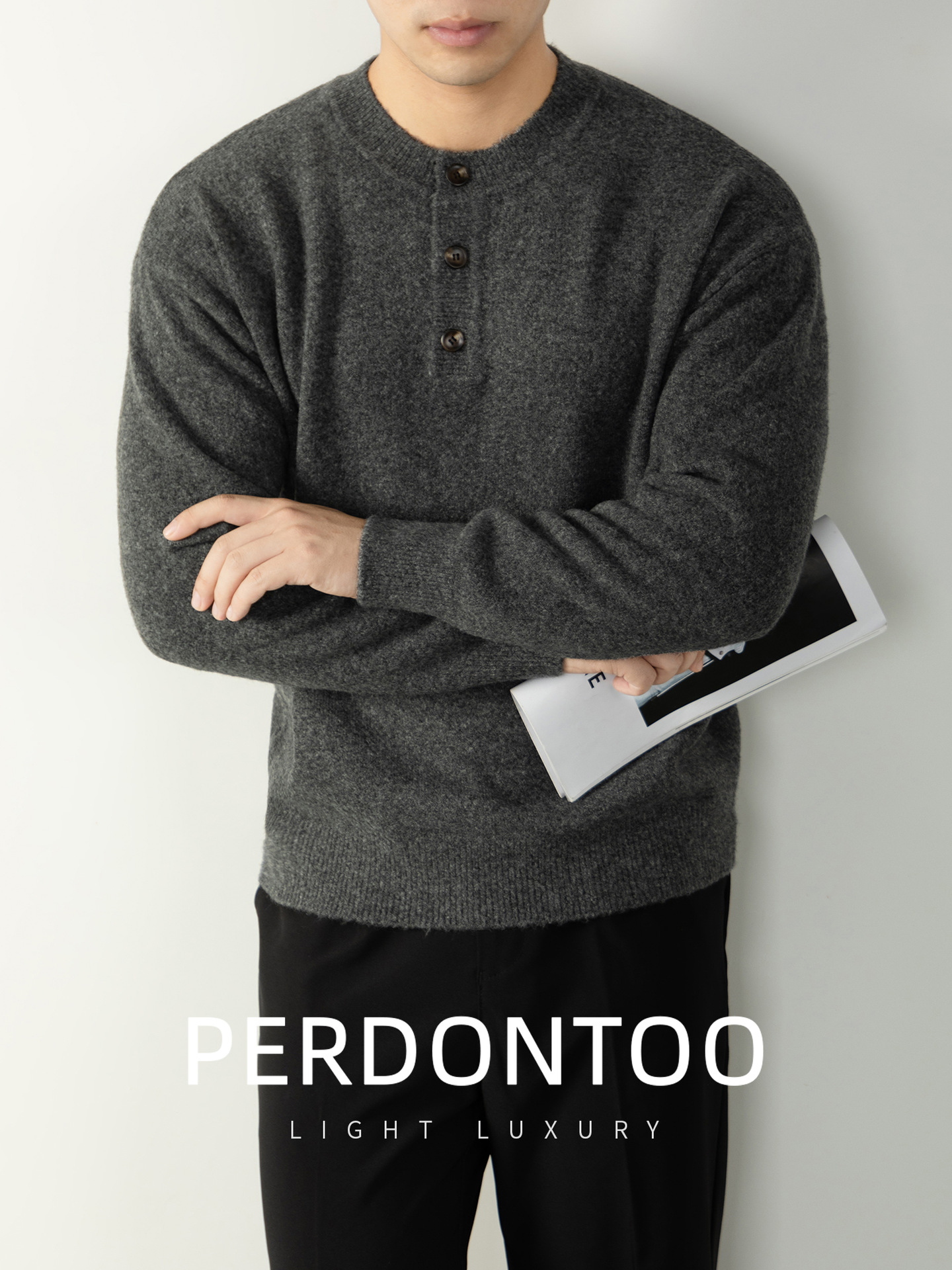 터프한 헨리넥 가을 겨울 두툼한 니트 스웨터 토트 따뜻한 남성 스웨터