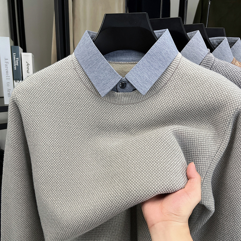 남성 겨울 기모를 두툼하게 덧대 보온 페이크 캐주얼한 두 벌 파스텔 톤 스타일 터틀넥 이너 탑 남성복