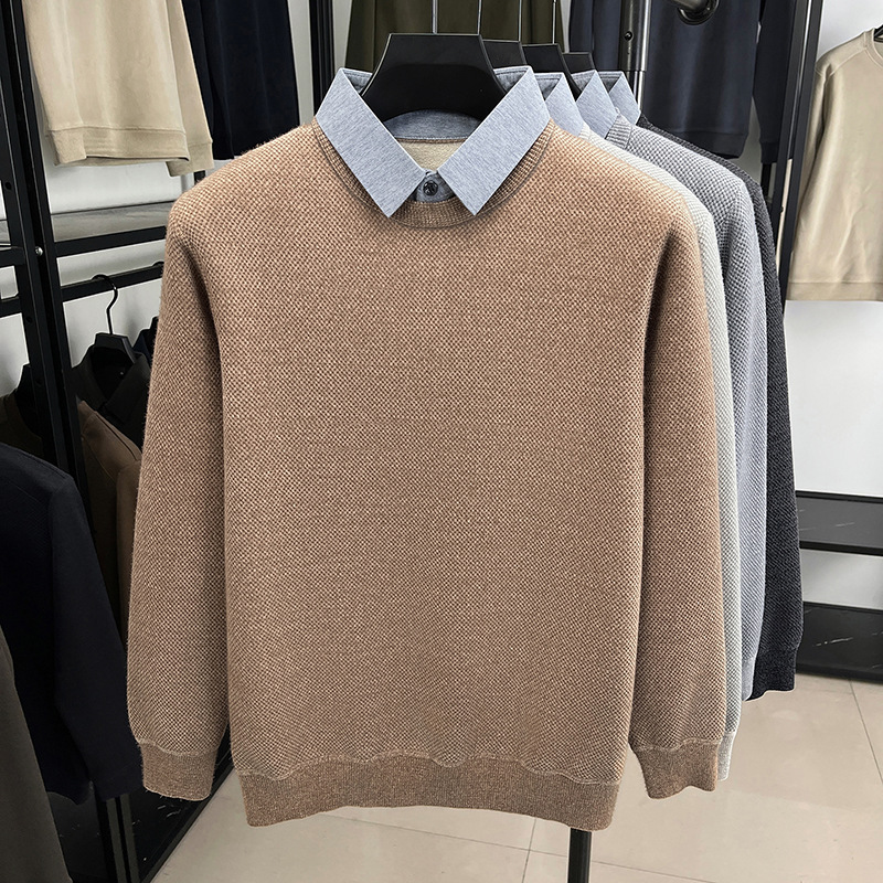 남성 겨울 기모를 두툼하게 덧대 보온 페이크 캐주얼한 두 벌 파스텔 톤 스타일 터틀넥 이너 탑 남성복