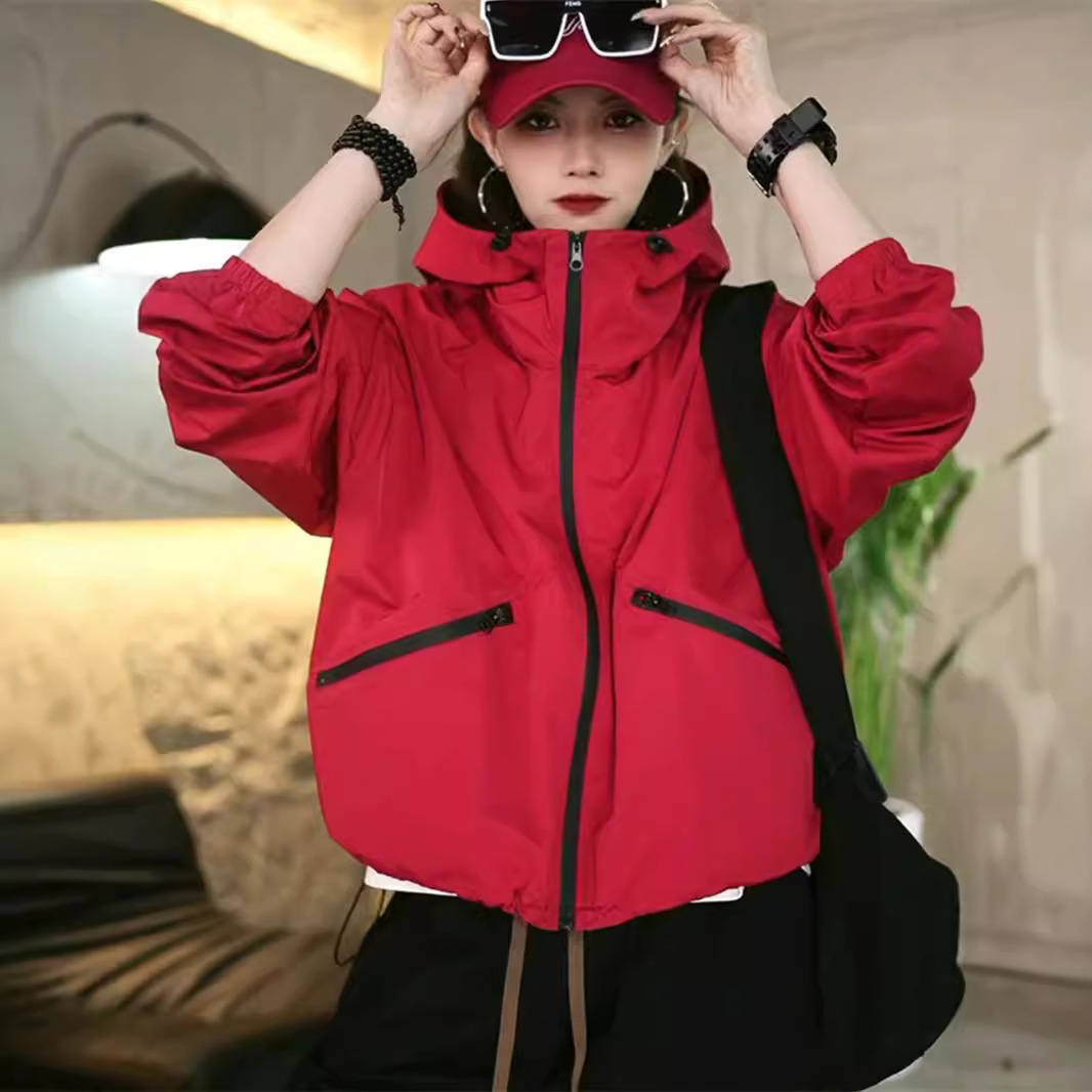 라지 사이즈 바람막이 아우터 여성 후드 탑 롱 슬리브