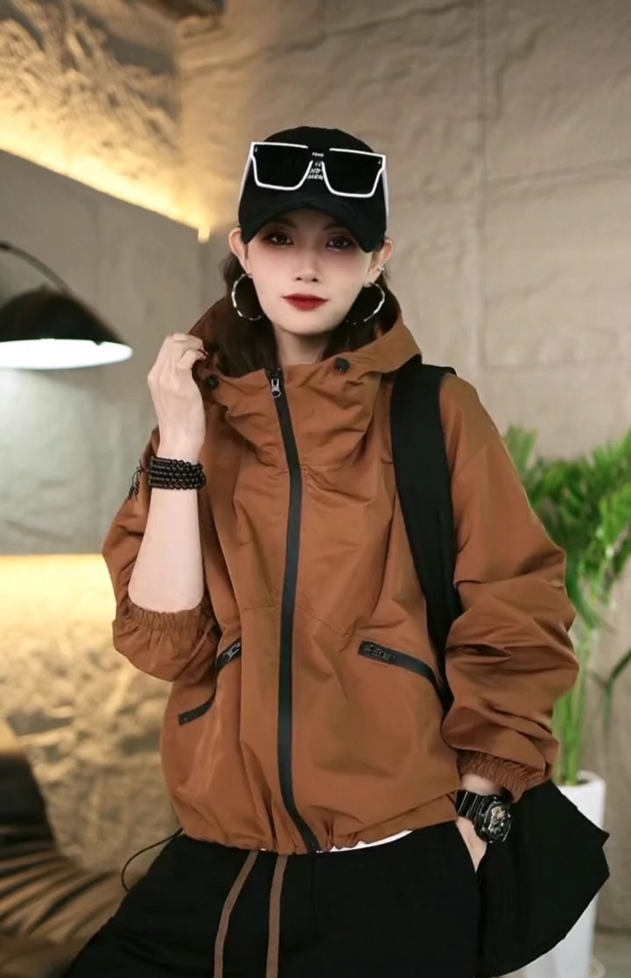 라지 사이즈 바람막이 아우터 여성 후드 탑 롱 슬리브