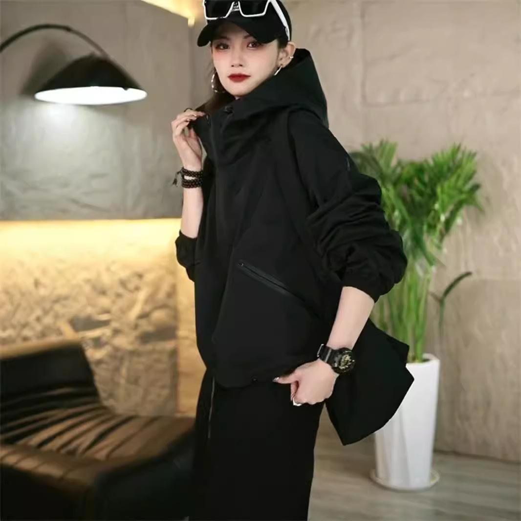 라지 사이즈 바람막이 아우터 여성 후드 탑 롱 슬리브