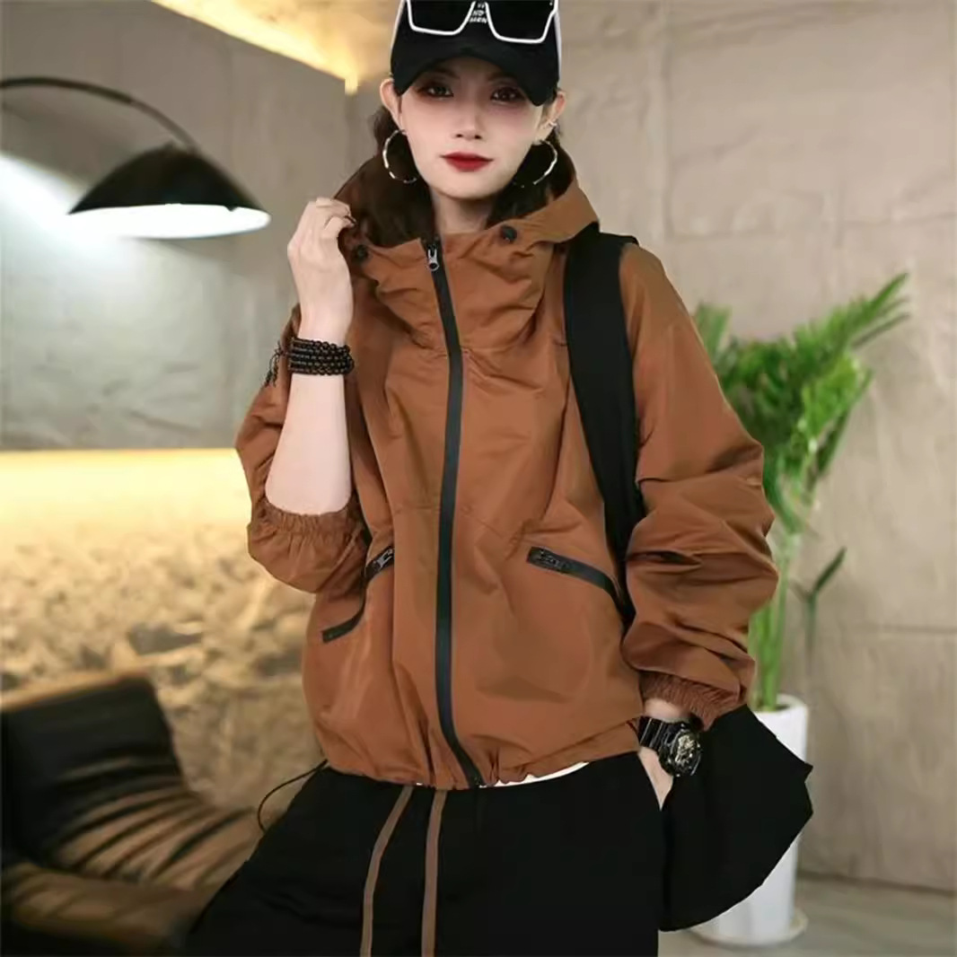 라지 사이즈 바람막이 아우터 여성 후드 탑 롱 슬리브