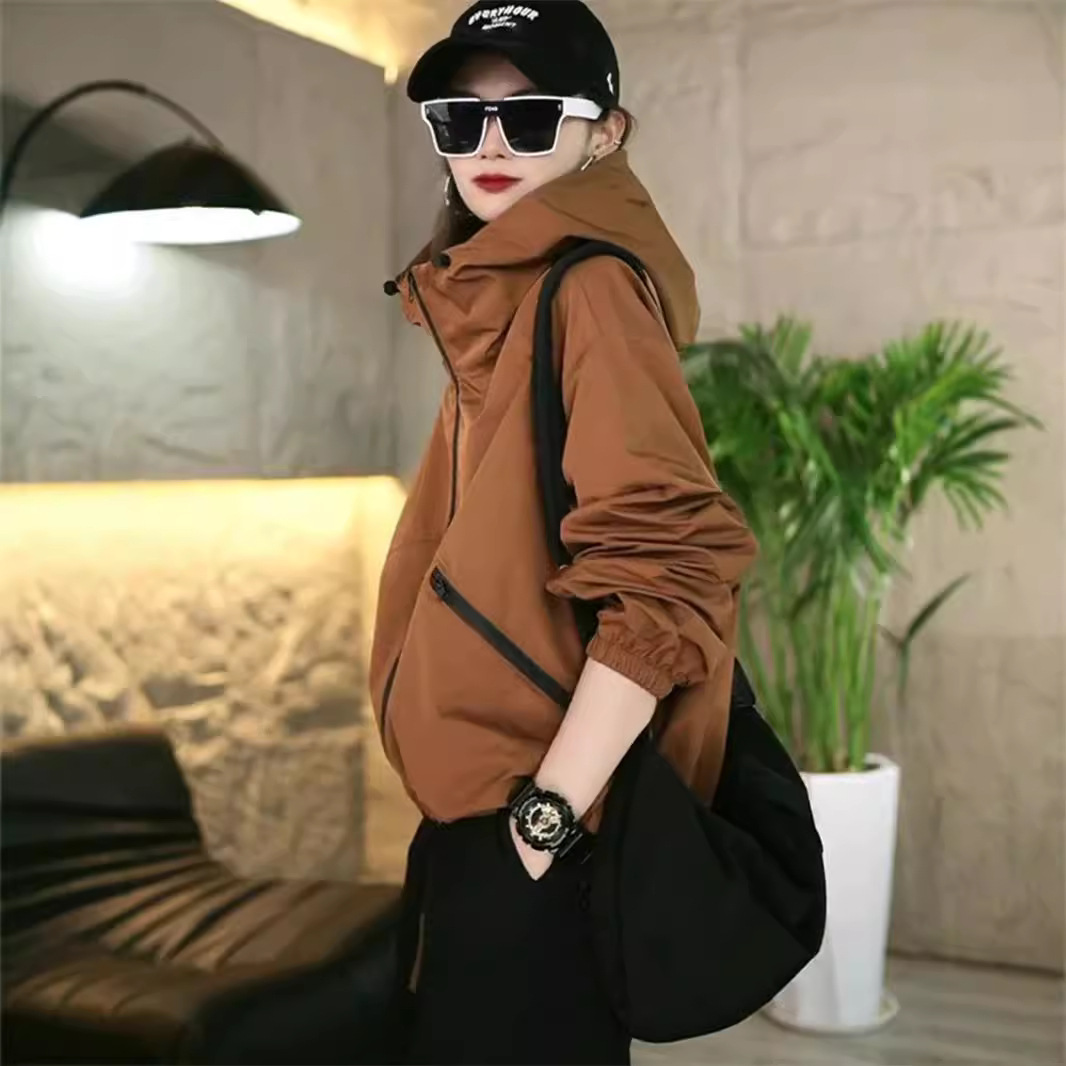 라지 사이즈 바람막이 아우터 여성 후드 탑 롱 슬리브