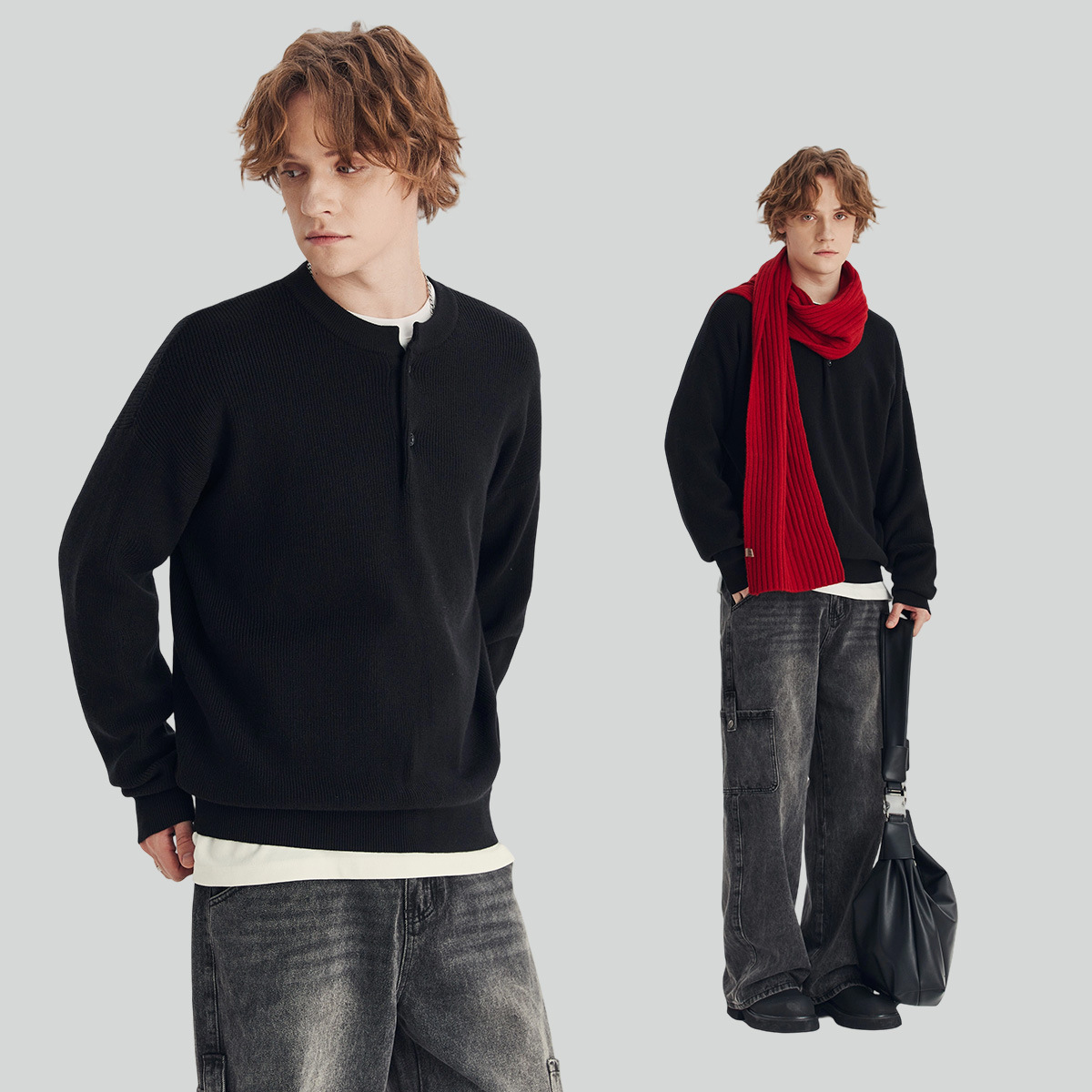 남성복 가을 겨울 반오픈 니트 남성패션 고급스러움의 루즈핏 니트 긴팔 이너