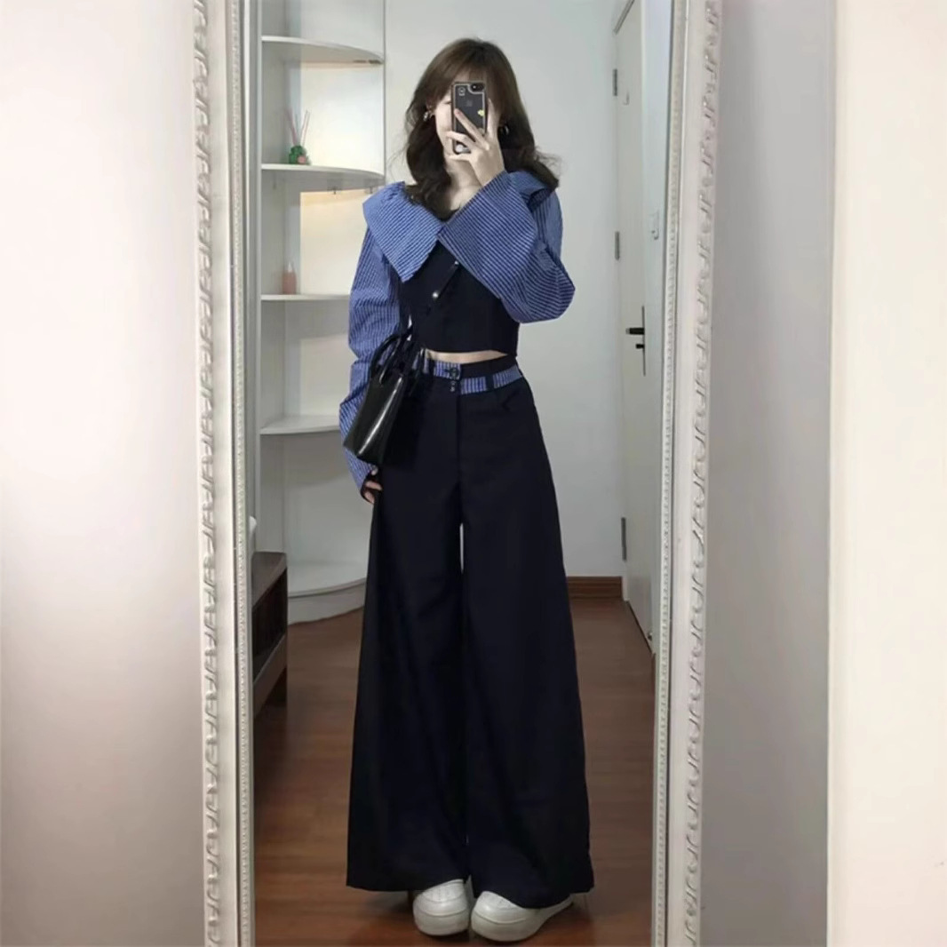 일자 숄더 상의에 캐주얼팬츠 투피스예요