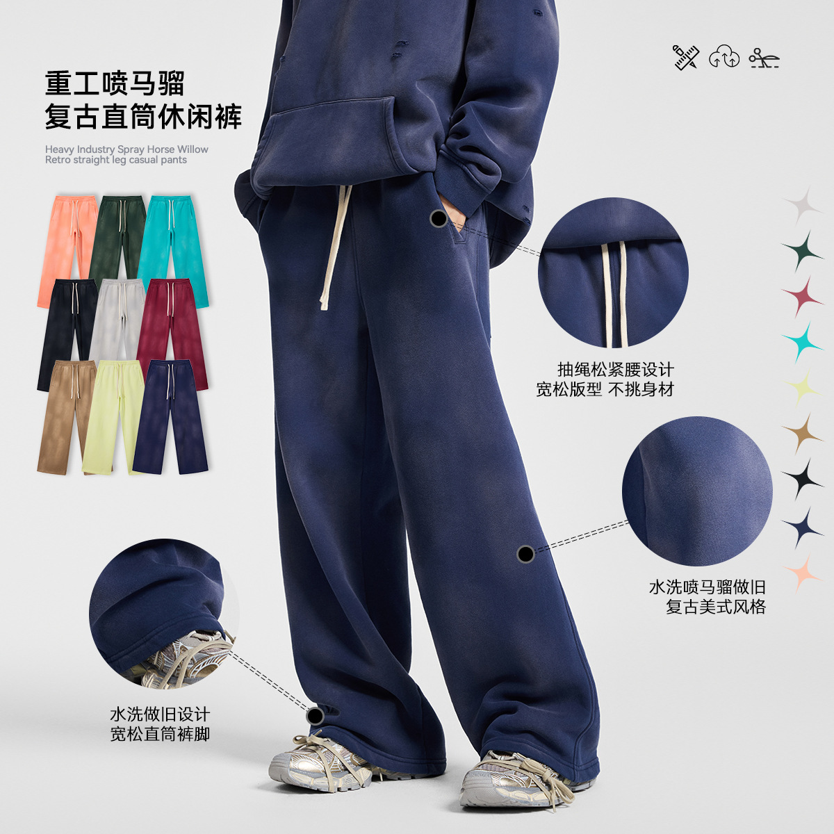 秋冬 新款 男装 加绒 宽松 破洞 男女 卫裤 美式 潮牌 阔腿