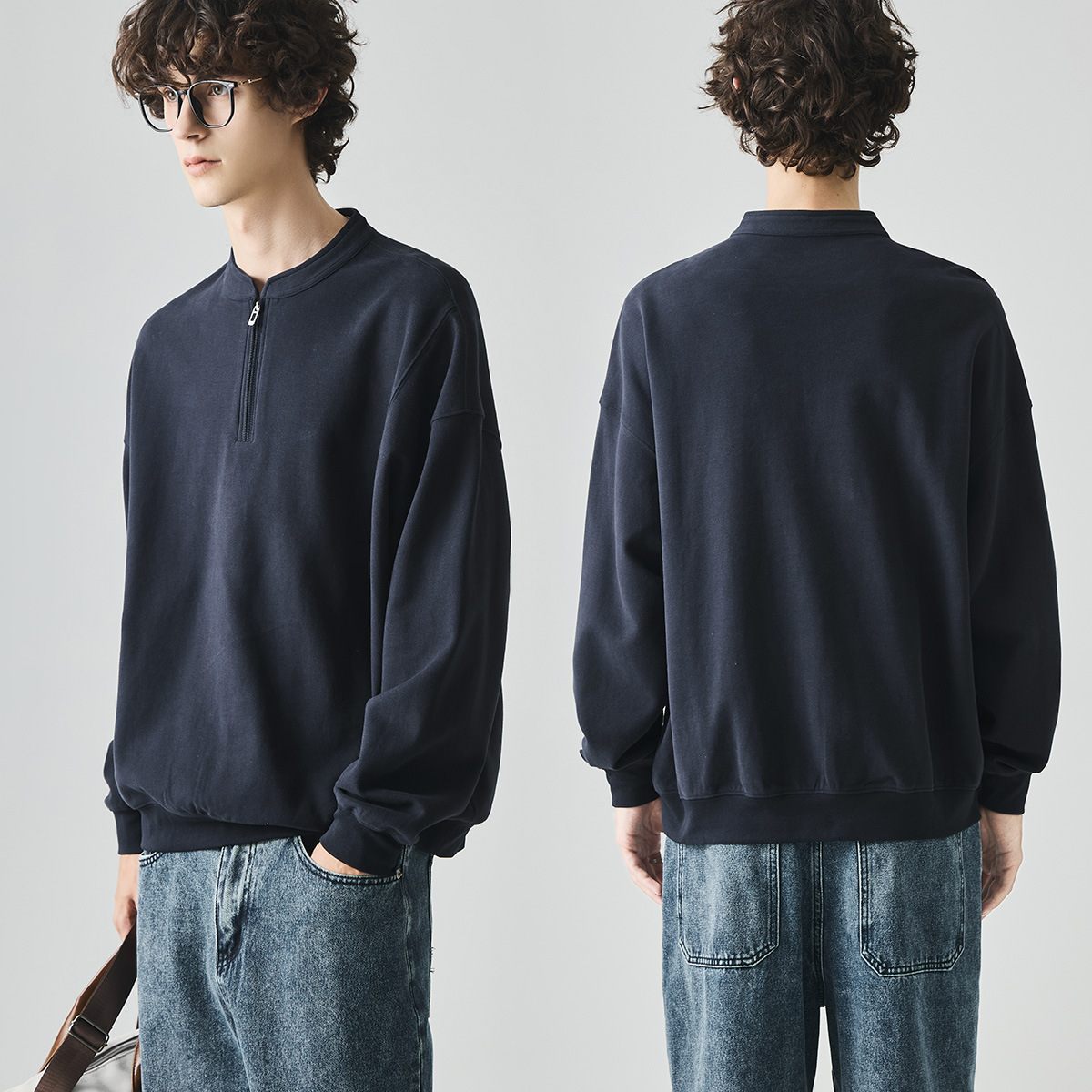 남성복 반집업 맨투맨 남성 가을 루즈한 차이나 브러싱 솔리드 이너 롱 슬리브 티셔츠