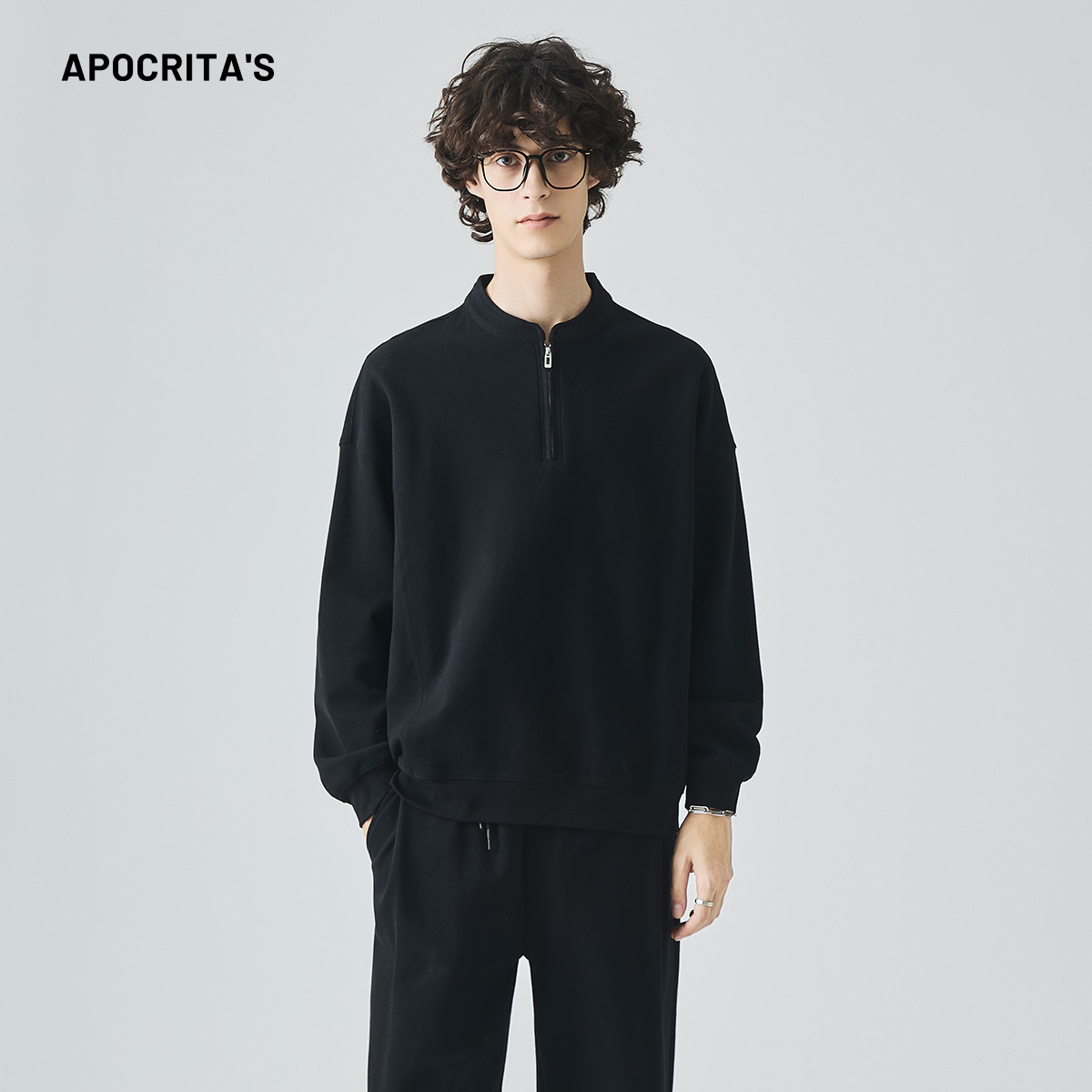 남성복 반집업 맨투맨 남성 가을 루즈한 차이나 브러싱 솔리드 이너 롱 슬리브 티셔츠