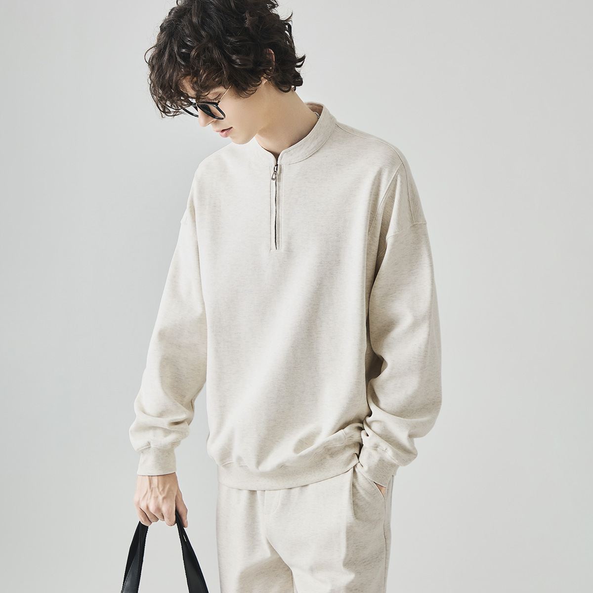 남성복 반집업 맨투맨 남성 가을 루즈한 차이나 브러싱 솔리드 이너 롱 슬리브 티셔츠