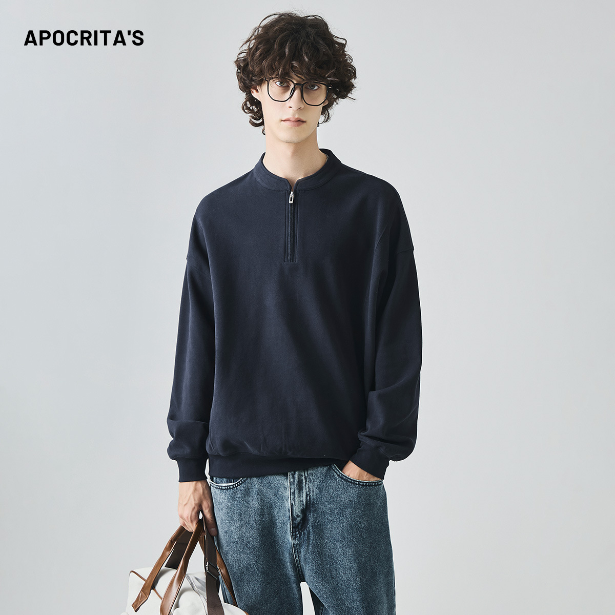 남성복 반집업 맨투맨 남성 가을 루즈한 차이나 브러싱 솔리드 이너 롱 슬리브 티셔츠