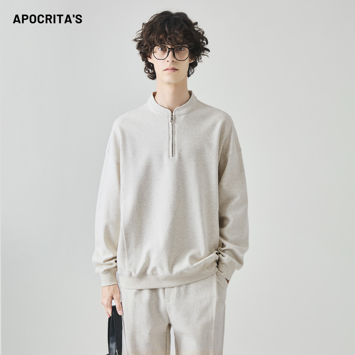 남성복 반집업 맨투맨 남성 가을 루즈한 차이나 브러싱 솔리드 이너 롱 슬리브 티셔츠