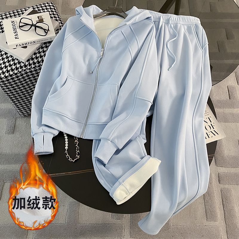 가을겨울 기모 도톰한 후드 후드 하이와이드 팬츠 캐주얼 투피스여자