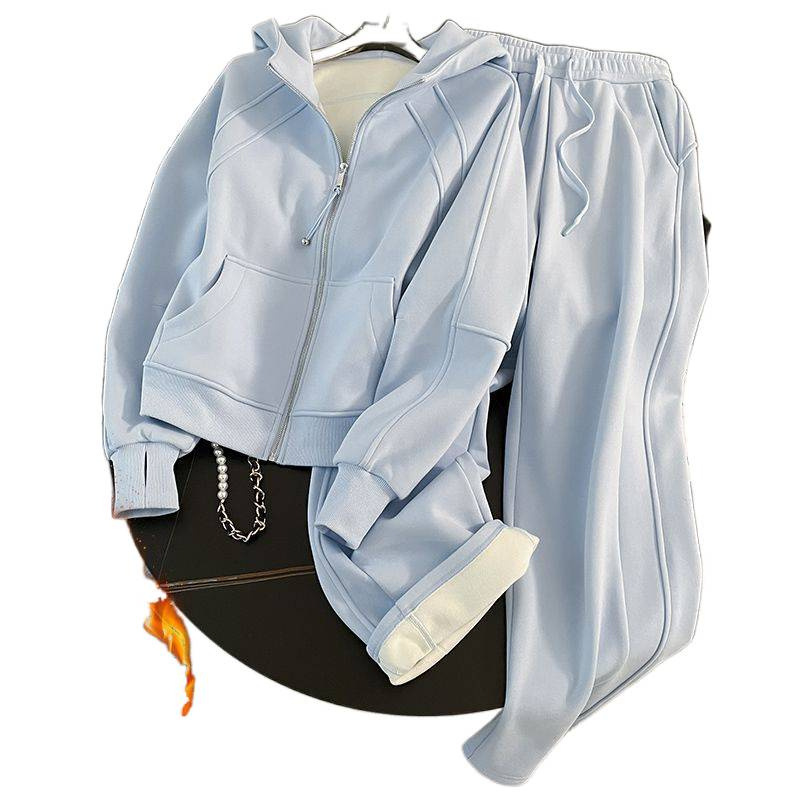 가을겨울 기모 도톰한 후드 후드 하이와이드 팬츠 캐주얼 투피스여자