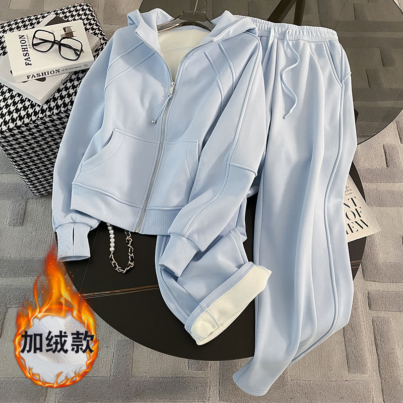 가을겨울 기모 도톰한 후드 후드 하이와이드 팬츠 캐주얼 투피스여자