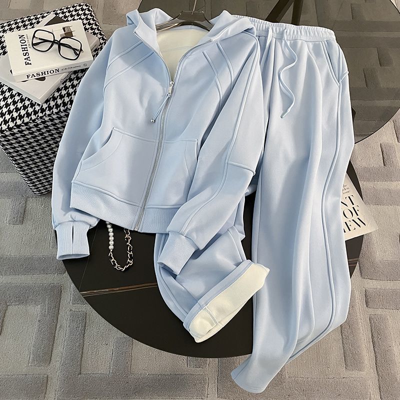 가을겨울 기모 도톰한 후드 후드 하이와이드 팬츠 캐주얼 투피스여자