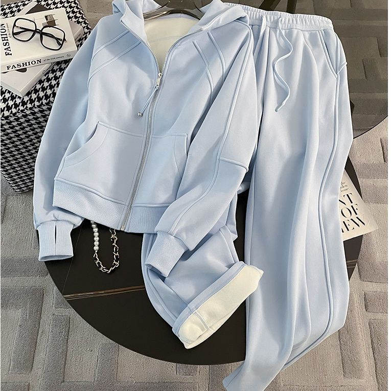 가을겨울 기모 도톰한 후드 후드 하이와이드 팬츠 캐주얼 투피스여자