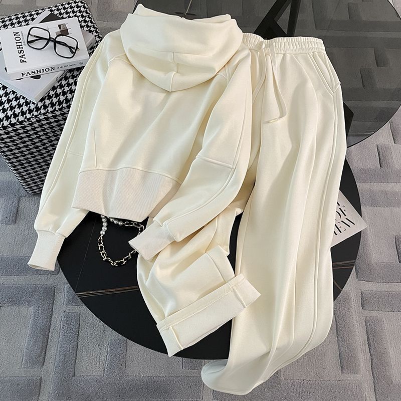 가을겨울 기모 도톰한 후드 후드 하이와이드 팬츠 캐주얼 투피스여자