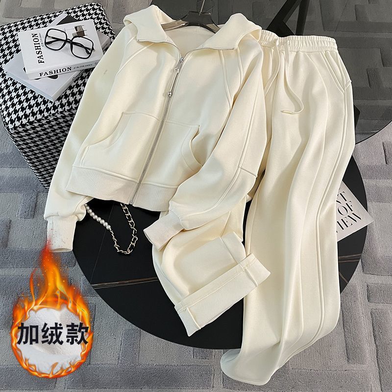 가을겨울 기모 도톰한 후드 후드 하이와이드 팬츠 캐주얼 투피스여자