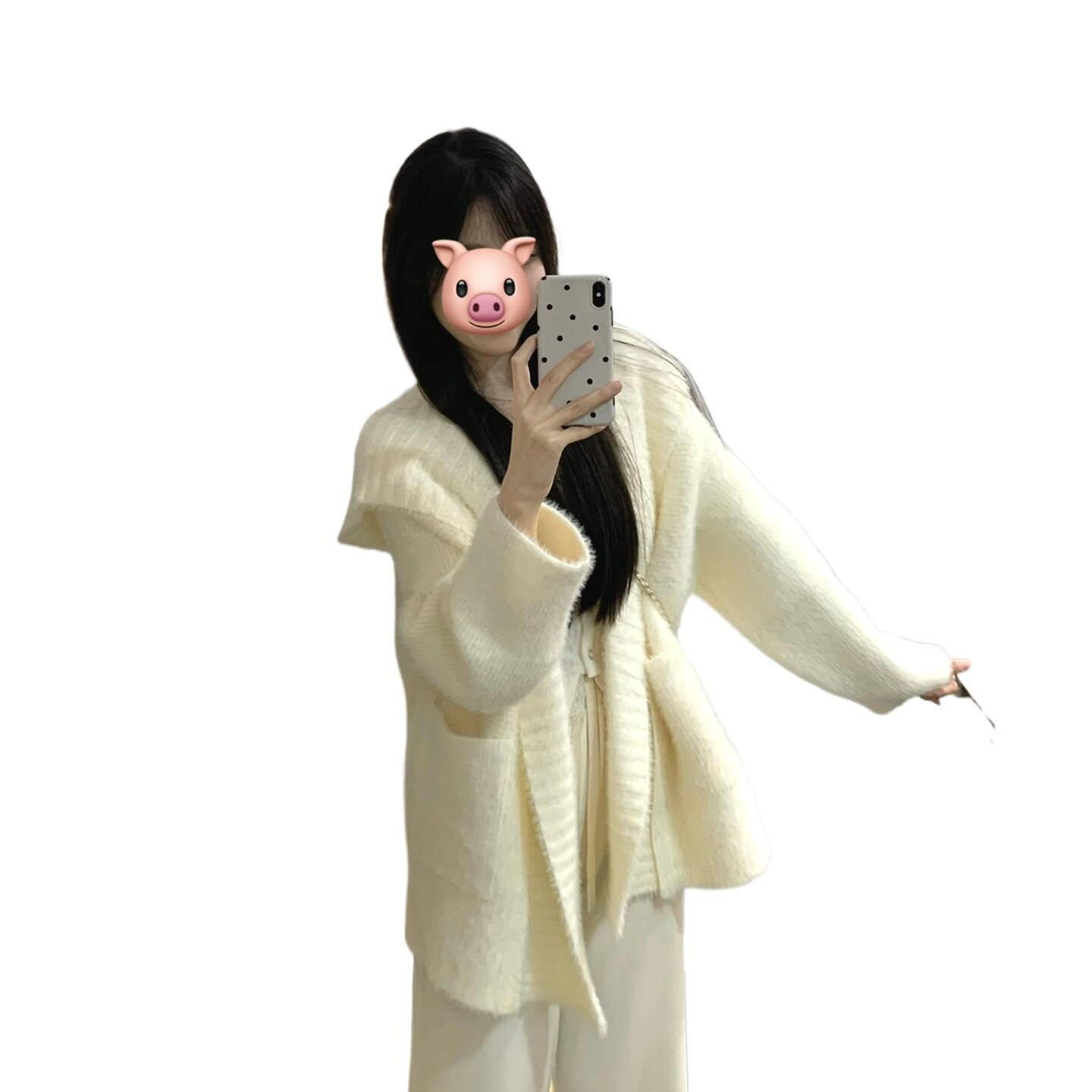 흰색 후드 터틀넥 프랑스식 스웨터 니트 탑 카디건