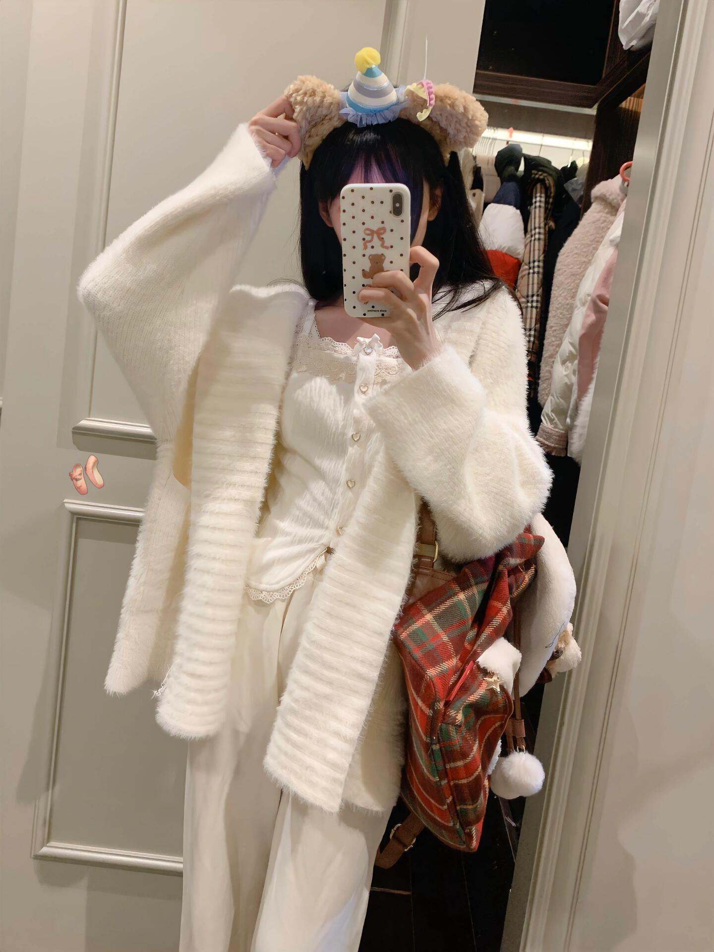 흰색 후드 터틀넥 프랑스식 스웨터 니트 탑 카디건