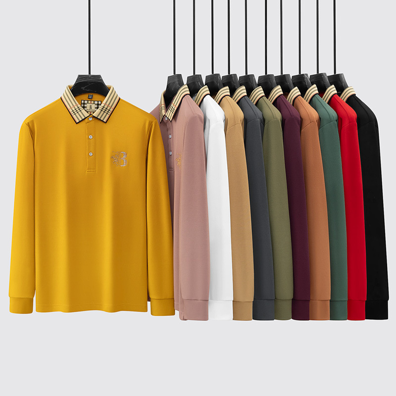 폴로 셔츠 남성 체크 칼라 이너 남성 폴로 셔츠 긴팔 티셔츠 비즈니스 캐주얼 자수