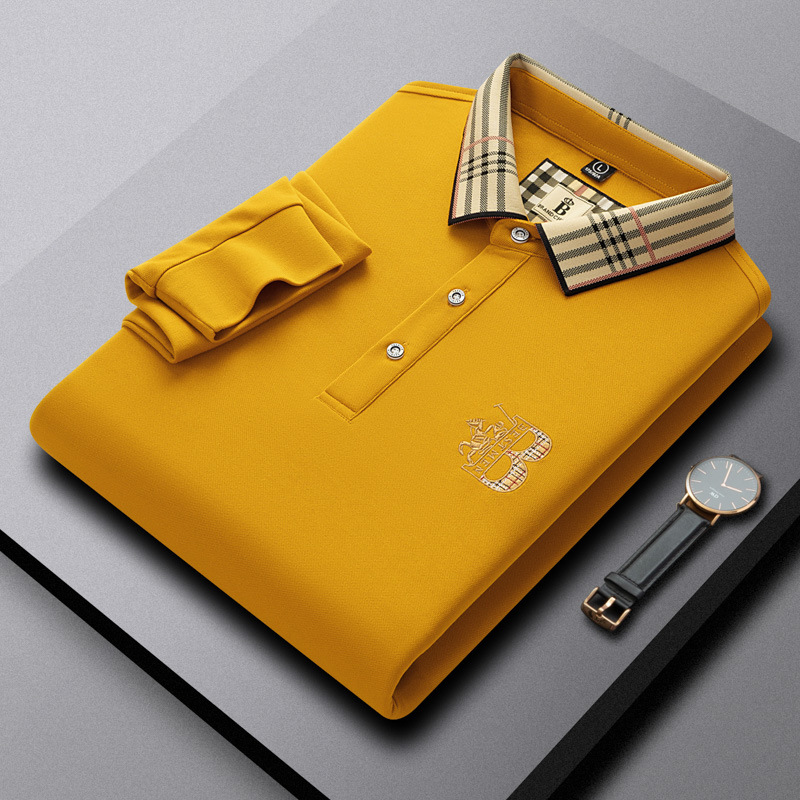 폴로 셔츠 남성 체크 칼라 이너 남성 폴로 셔츠 긴팔 티셔츠 비즈니스 캐주얼 자수