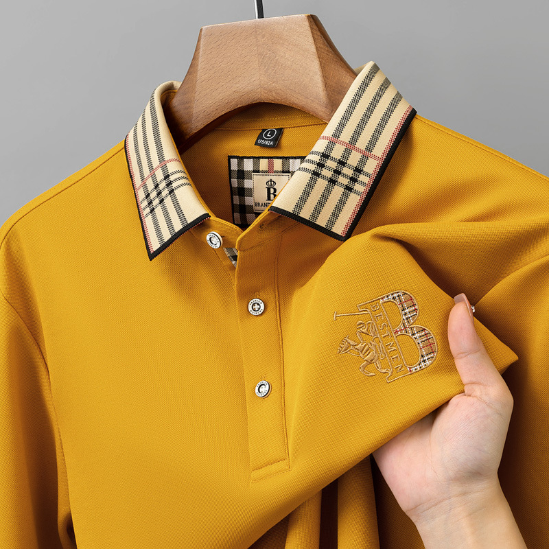 폴로 셔츠 남성 체크 칼라 이너 남성 폴로 셔츠 긴팔 티셔츠 비즈니스 캐주얼 자수