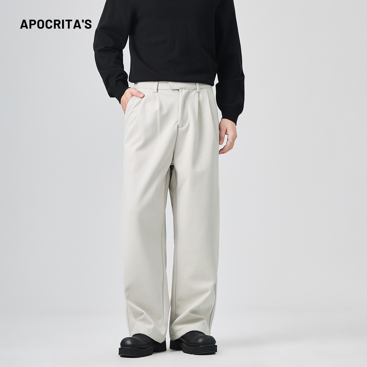 남성복 캐주얼 바지 가을과 겨울에 딱 떨어지는 루즈한 주름 없는 모직 바지