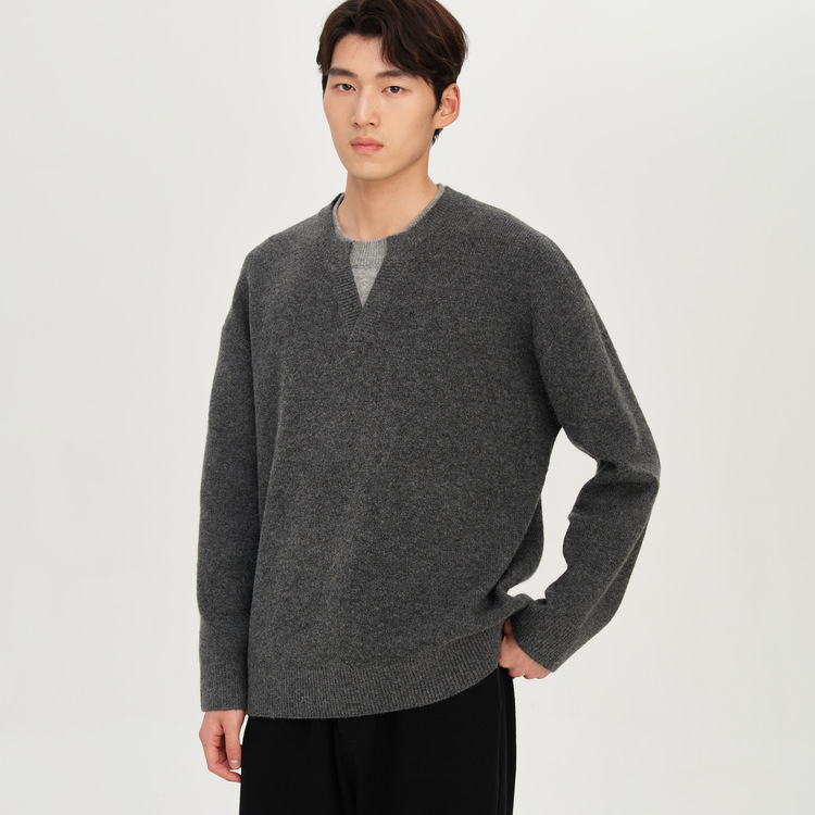 울 패치 2 벌 두툼한 회색 라운드넥 스웨터 남성 2025 겨울 신상품 보온 니트 풀오버