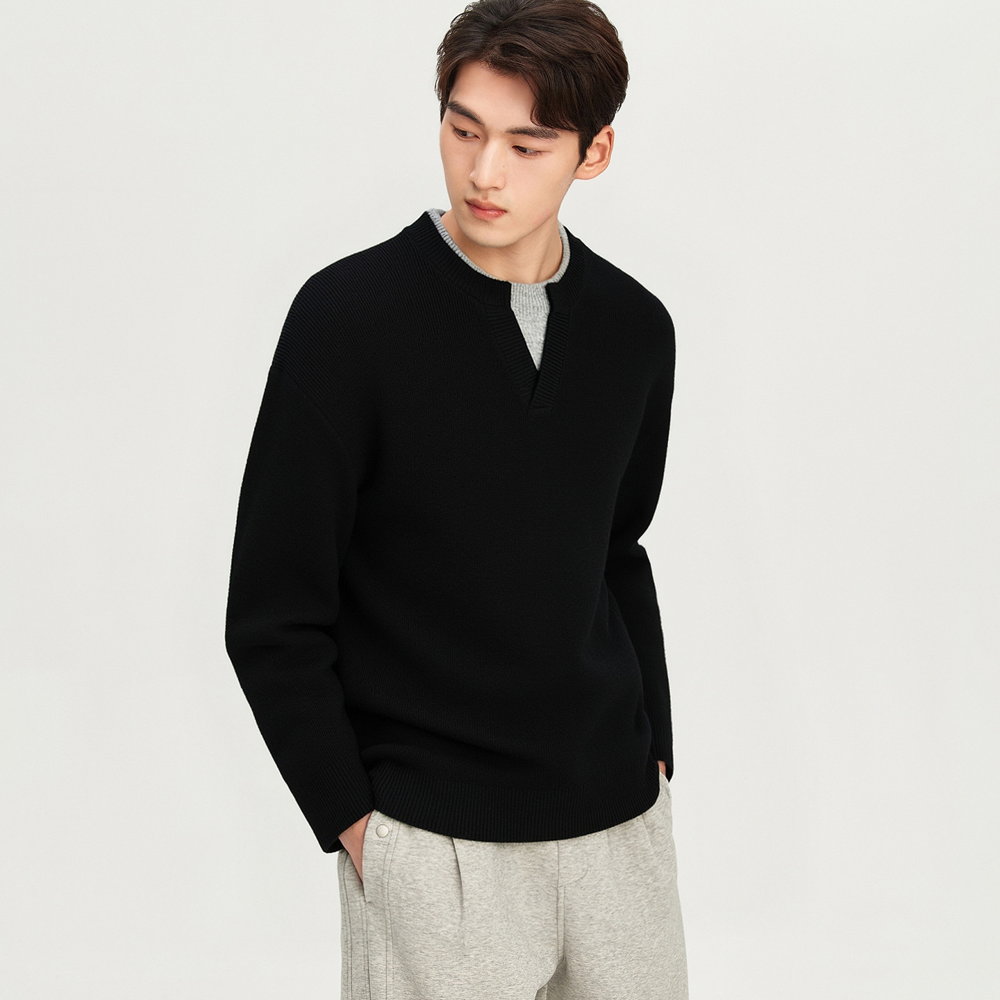 울 패치 2 벌 두툼한 회색 라운드넥 스웨터 남성 2025 겨울 신상품 보온 니트 풀오버