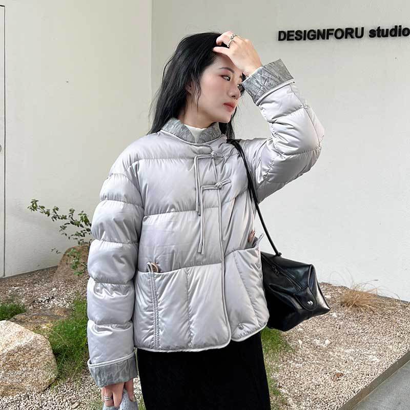 화이트 구스다운 패딩 국풍 레트로 자카드 신상 단추 페미네이션 아우터 쇼트 겨울