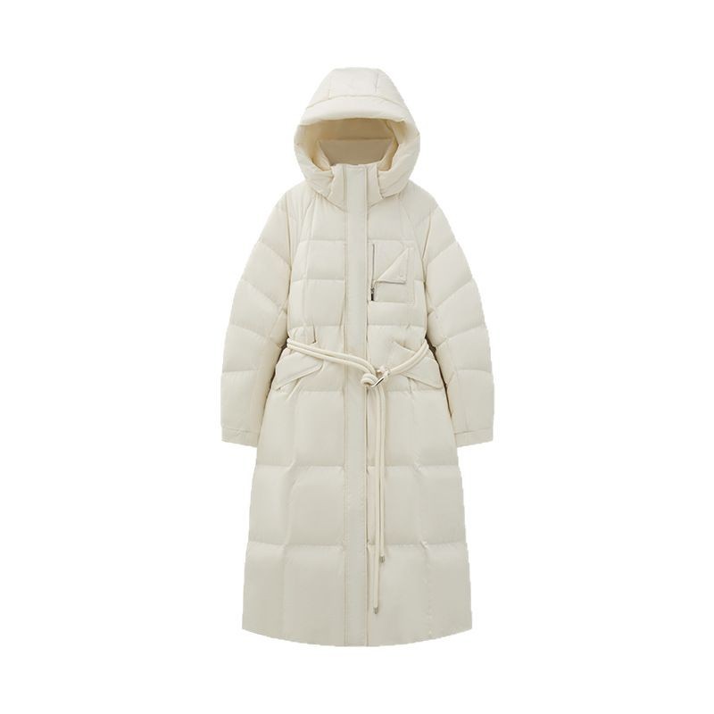 90 구스 다운 무릎까지 오는 겨울 두꺼움 롱 패딩 점퍼 롱 후드 여성복 허리 라인 점퍼 신상
