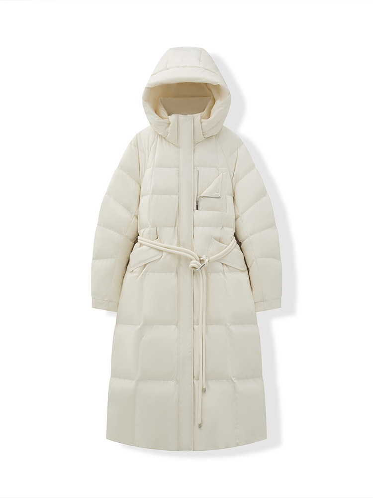 90 구스 다운 무릎까지 오는 겨울 두꺼움 롱 패딩 점퍼 롱 후드 여성복 허리 라인 점퍼 신상