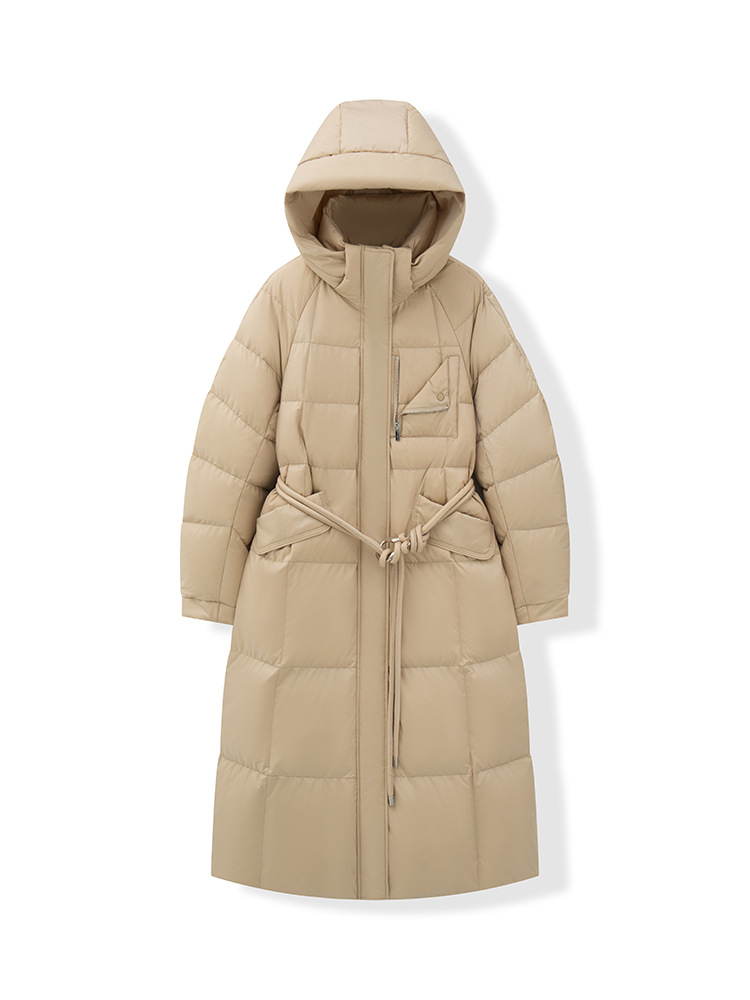 90 구스 다운 무릎까지 오는 겨울 두꺼움 롱 패딩 점퍼 롱 후드 여성복 허리 라인 점퍼 신상