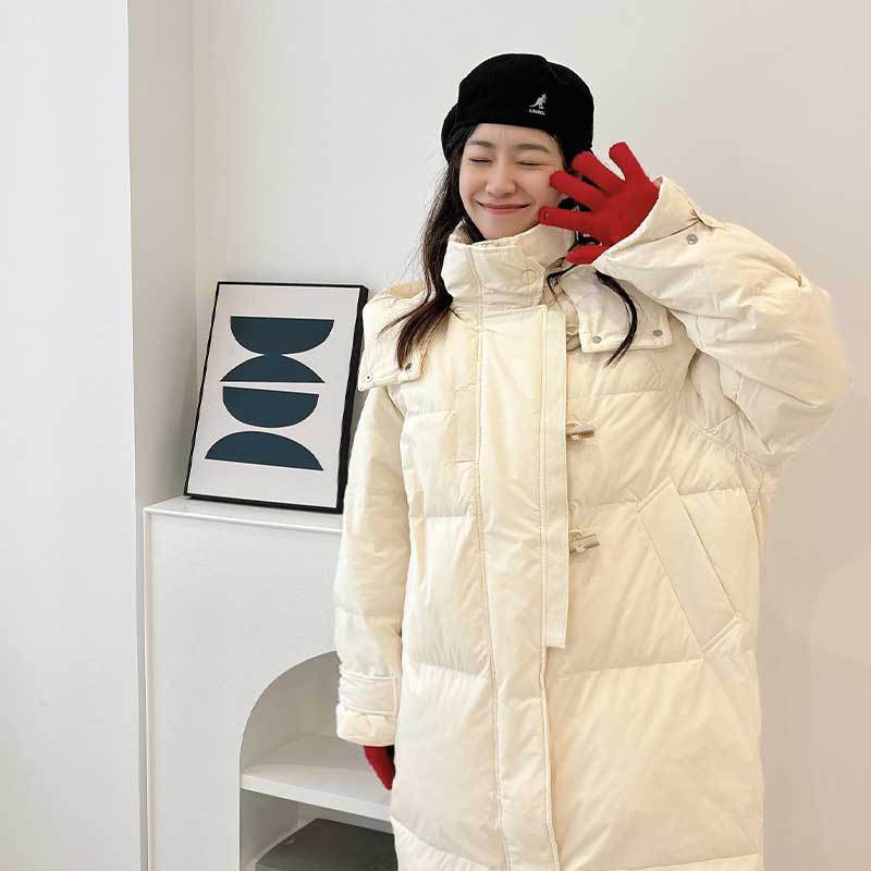 패딩 동복 신상 여성 한국판 루즈한 패딩 점퍼에 롱 점퍼 흰색 오리털 다운 후드 칼라