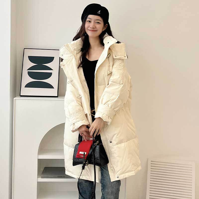 패딩 동복 신상 여성 한국판 루즈한 패딩 점퍼에 롱 점퍼 흰색 오리털 다운 후드 칼라