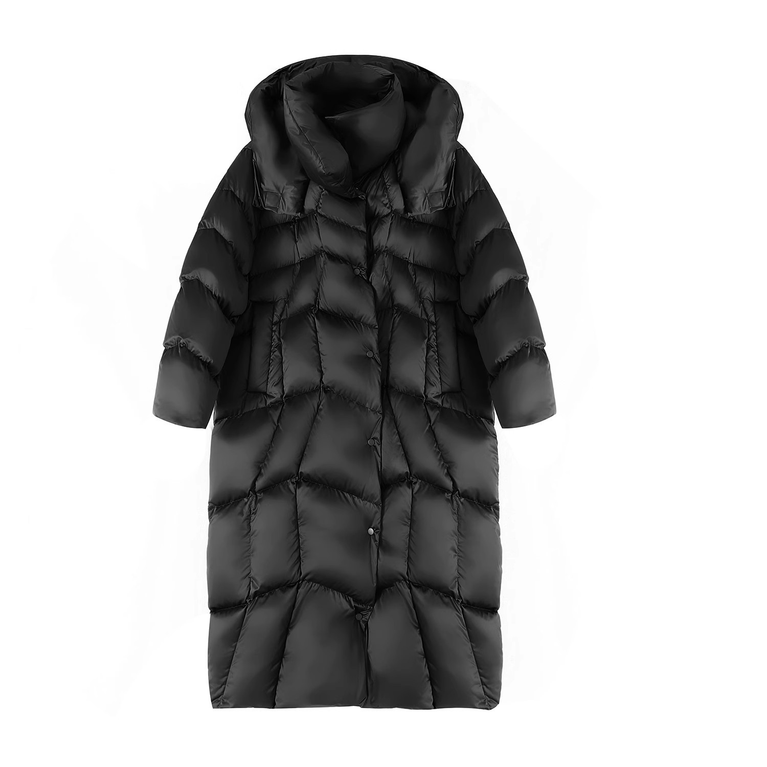 겨울 신상 무릎 위로 내려오는 코트입니다. 블랙의 두께감과 롱 기장의 블라우스 무드의 여성용 패딩입니다