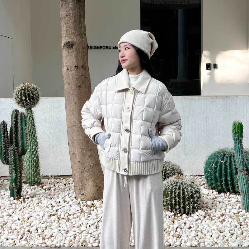 신상 경쾌한 유럽 패치 90 화이트 구스 다운 쇼트 코트, 여성용 체크 다운