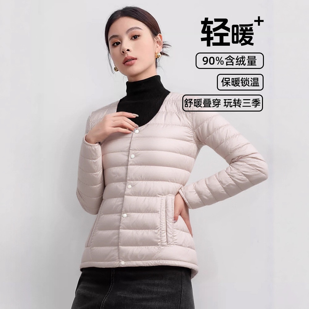 신상 얇은 경량 패딩 가을겨울 여성 짧은 라운드 칼라 얇은 트렌드 오리털 속관 슬림 안에 이너 점퍼