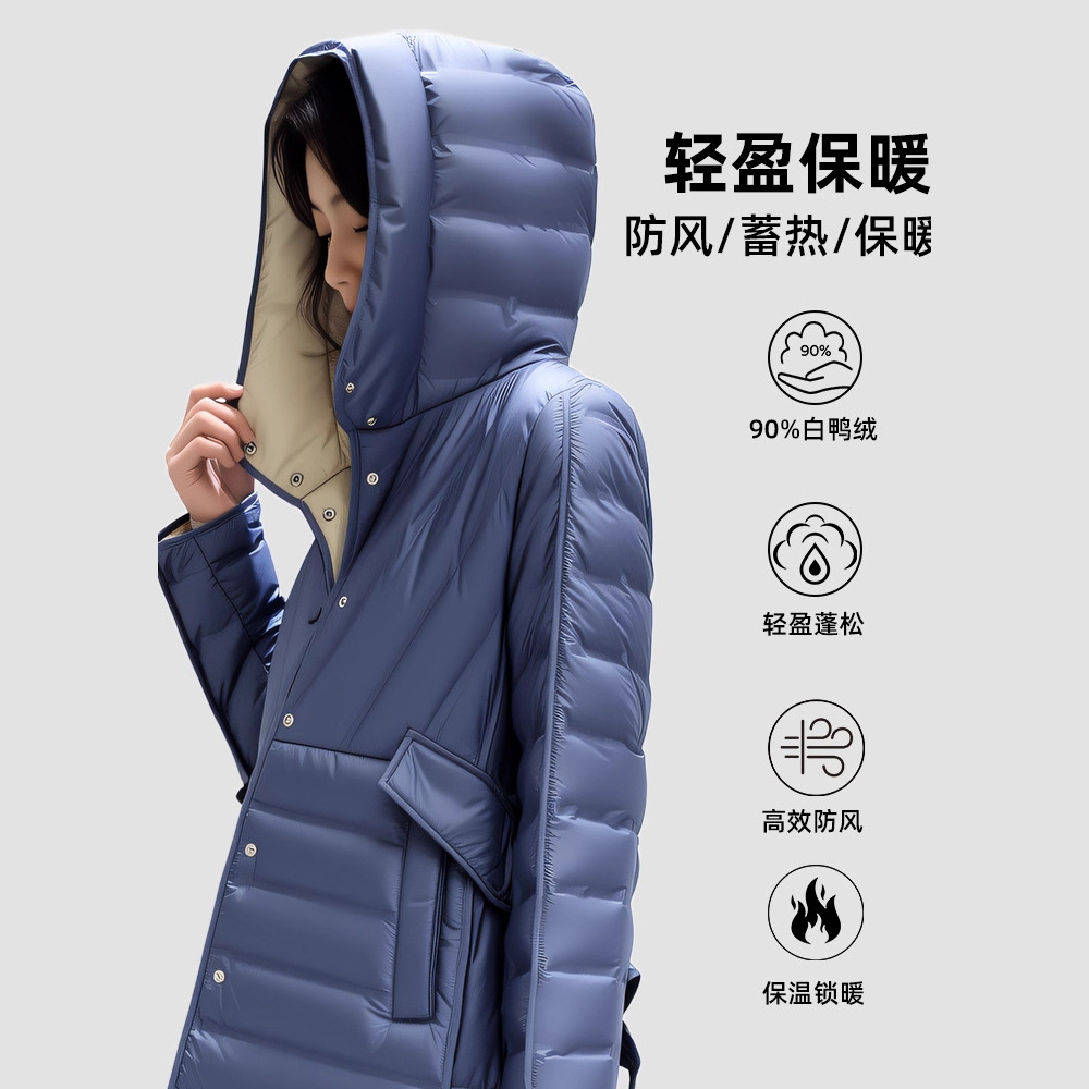 신상 가을겨울 미디엄 롱 캐주얼 패딩점퍼와 후드 벨트 화이트 오리털 퍼프 점퍼입니다