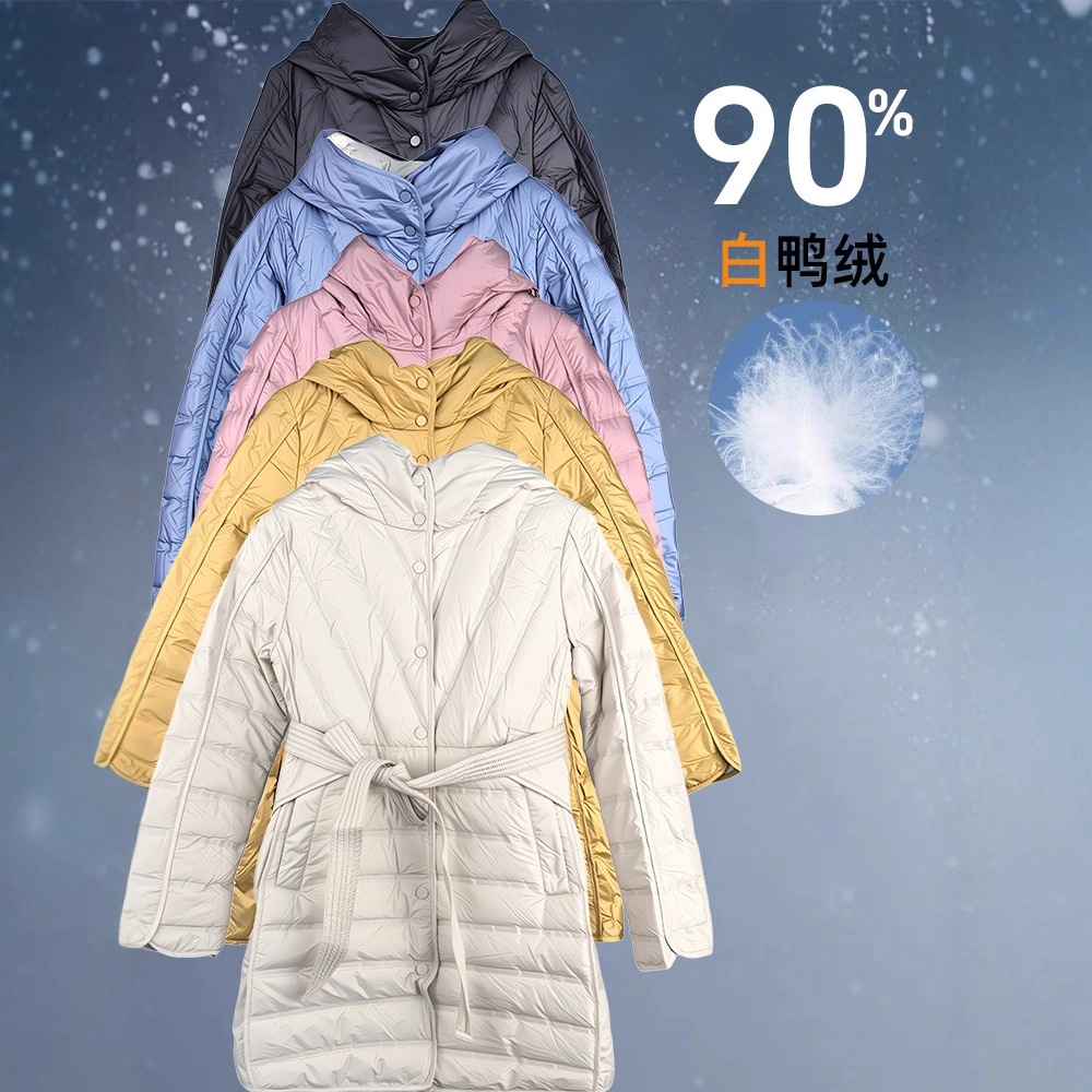 신상 가을겨울 미디엄 롱 캐주얼 패딩점퍼와 후드 벨트 화이트 오리털 퍼프 점퍼입니다