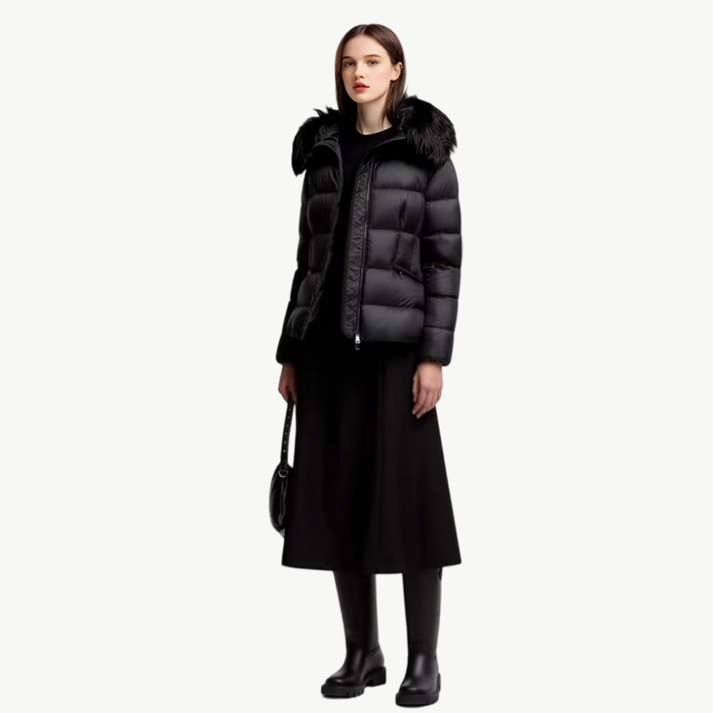 가을 겨울 boed 퍼 구스다운 신상 여성 보온 쇼트 후드 슬림핏 벨트 다운 점퍼입니다