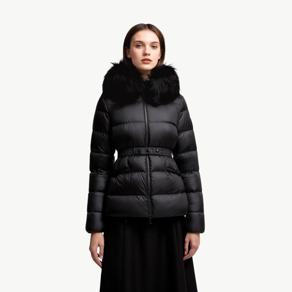 가을 겨울 boed 퍼 구스다운 신상 여성 보온 쇼트 후드 슬림핏 벨트 다운 점퍼입니다