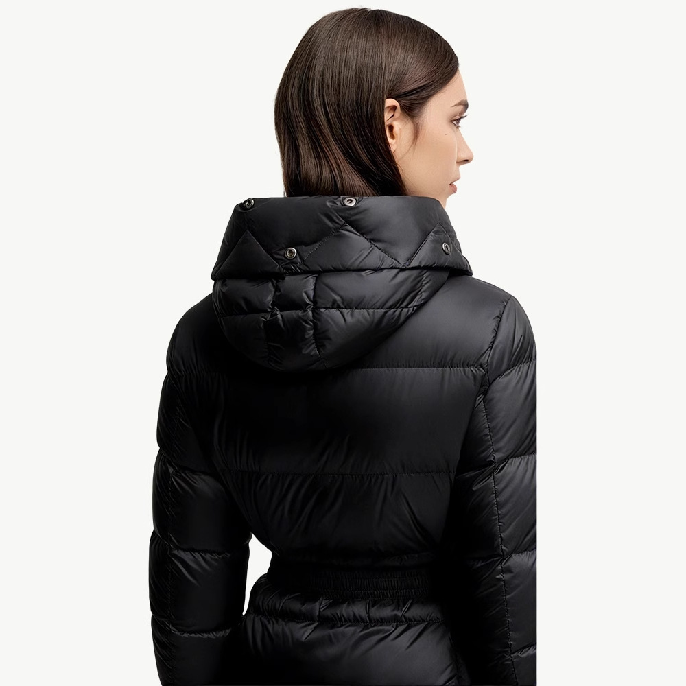 가을 겨울 boed 퍼 구스다운 신상 여성 보온 쇼트 후드 슬림핏 벨트 다운 점퍼입니다