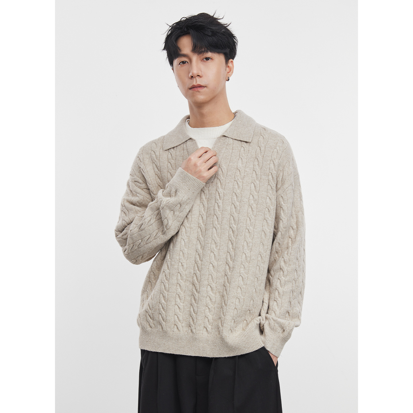 한국판 패치 투피스 터틀넥 니트 남성용 루스한 가을 탑 트렌디